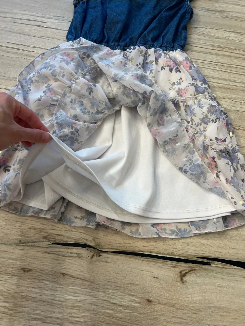 Zunie Blue Denim Top with White Floral Tiered Skirt Dress